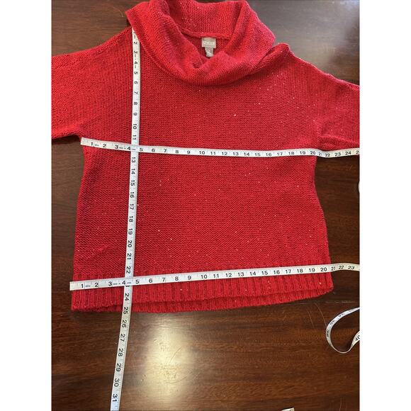 Chico's Red Sequin Sweater Size 2/Large Cowl Neck Shimmer 3/4 Sleeve Holiday - Picture 5 of 8